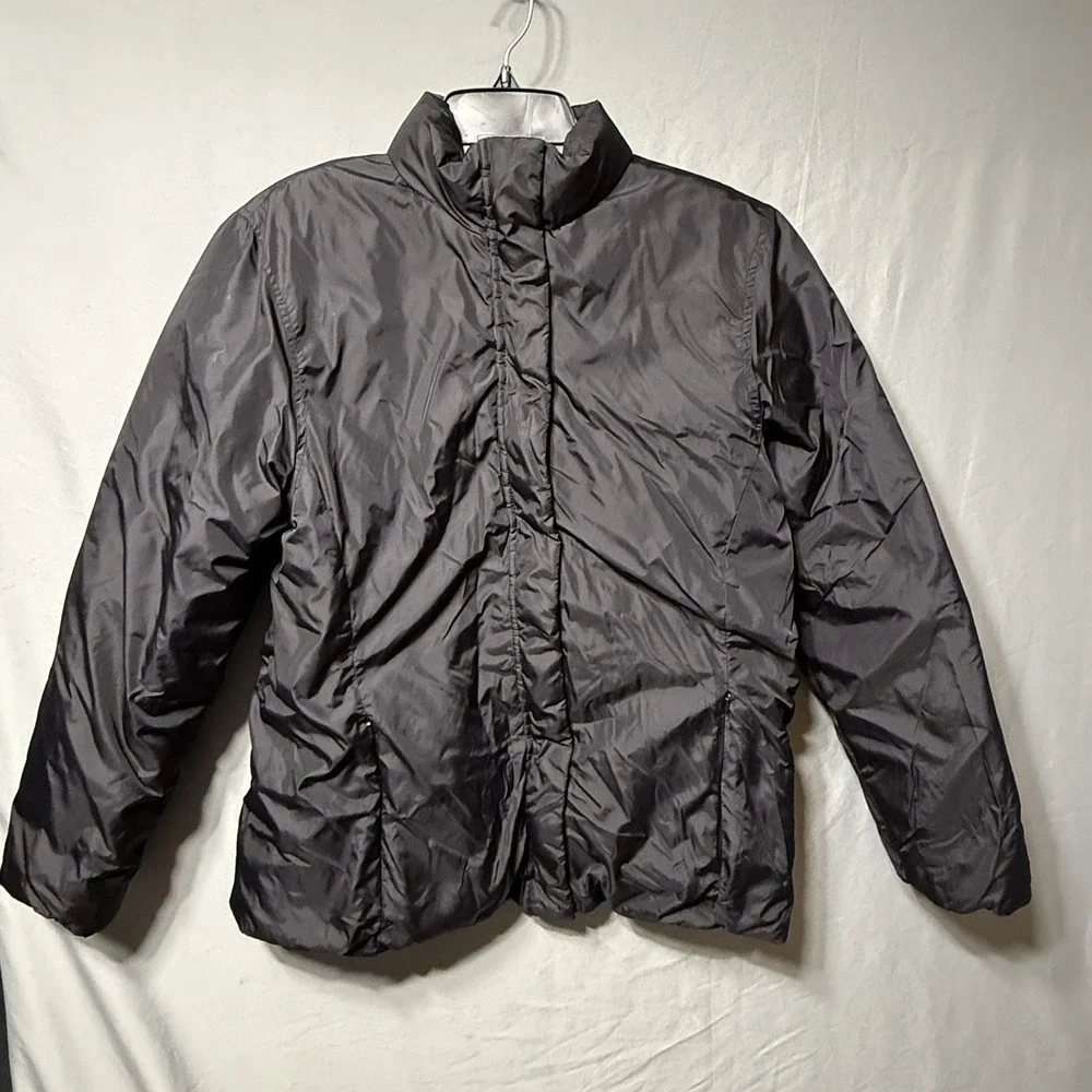 Land's End Down Filled Coat Women Large 14-16 Puffer Reversible Black Warm FLAW*